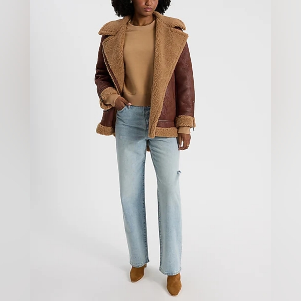 Express Crew Neck Banded Bottom Cropped Sweatshirt - Camel - Size M - Picture 3 of 6